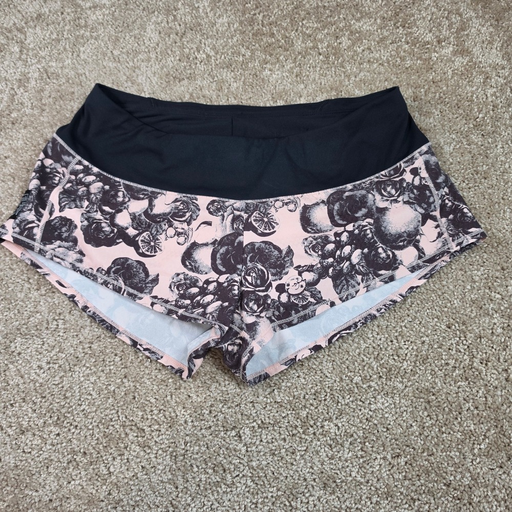 Oiselle Running Shorts Pink Black Floral Fruit Print Athletic Activewear Size 6